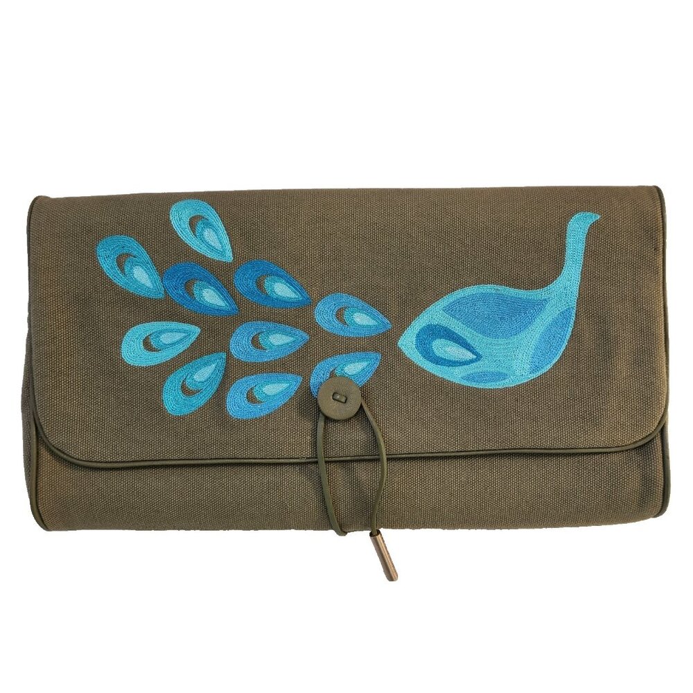 Serena & Lily Envelope Clutch Purse Peacock Embroidered Olive‎ Green Canvas